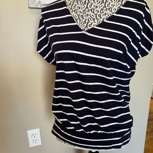 Express Top. Navy and white Stripes with lace detail on the back. Size small